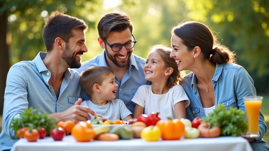 Szczęśliwa rodzina ciesząca się zdrowym posiłkiem na świeżym powietrzu, z uśmiechami na twarzach i kolorowymi warzywami na stole.